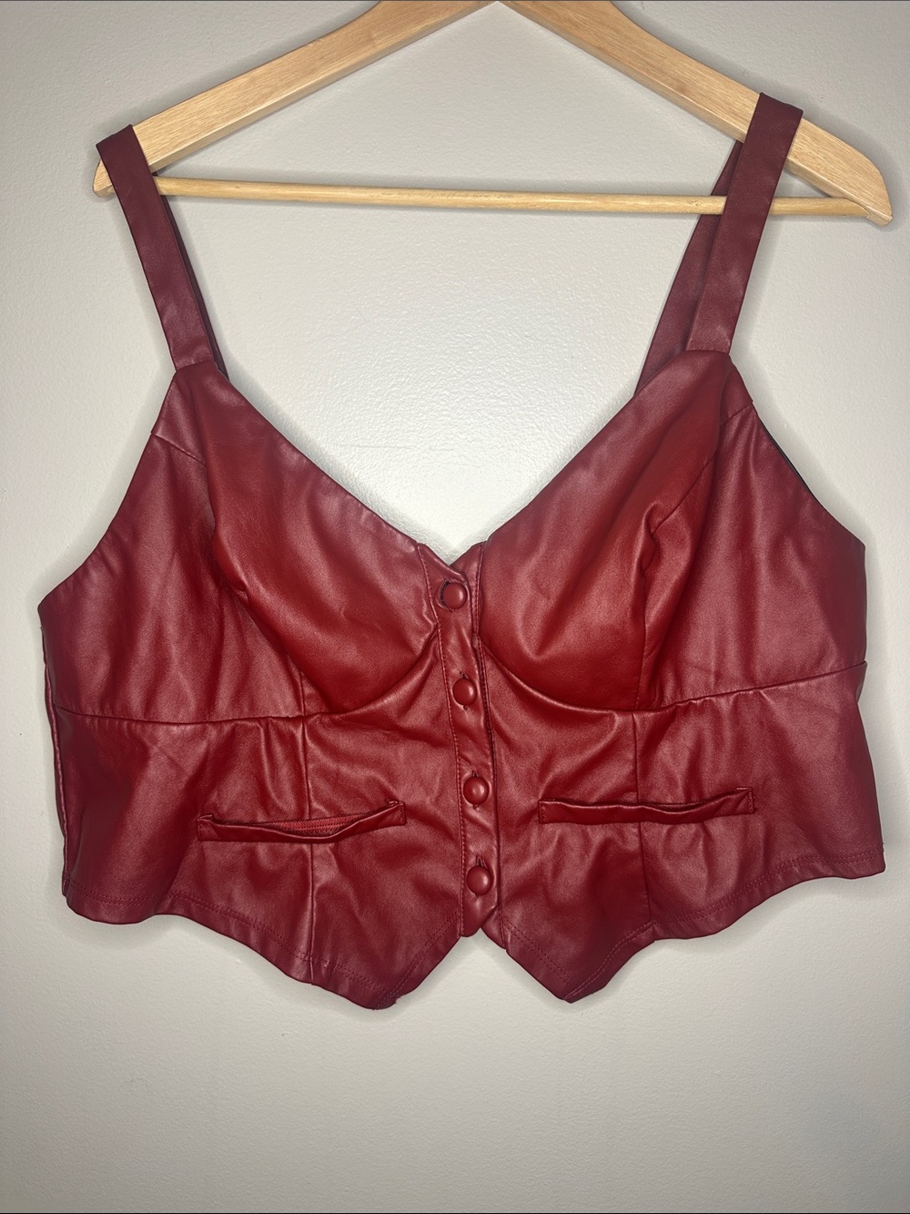 Burgundy Curve Sized Faux Leather Button-Front Crop Vest, 3XL